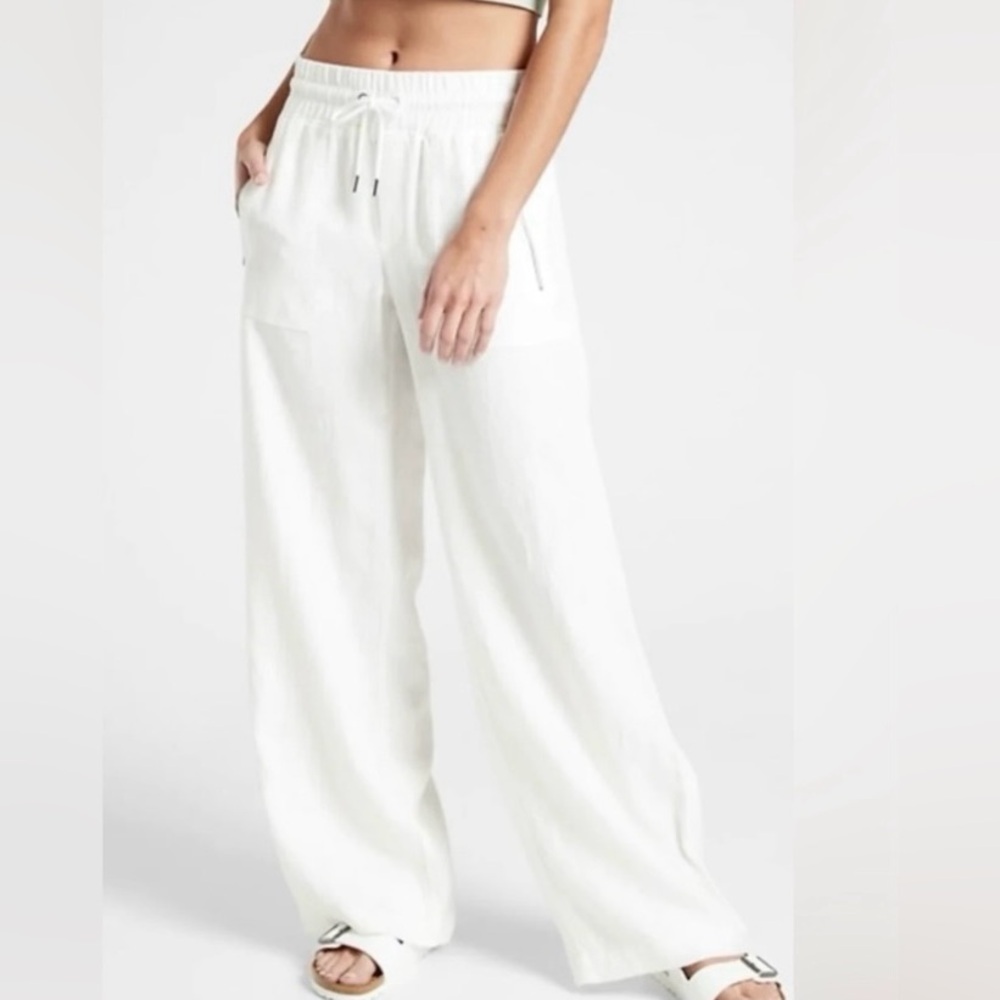Athleta Cabo wide leg linen pants white casual everyday Size 14 beach flowy